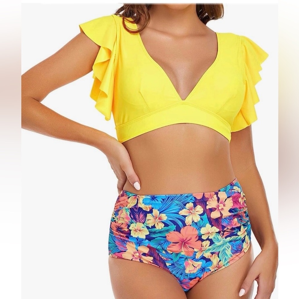 Tropical ruffle bikini high waist size medium